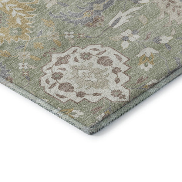 HomeRoots 8' X 10' Artichoke Green Gold & Gray Damask Area Rug - Washable, Stain-Resistant, UV Protected Elegance 680515