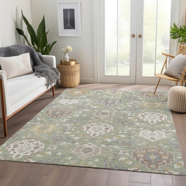 HomeRoots 8' X 10' Artichoke Green Gold & Gray Damask Area Rug - Washable, Stain-Resistant, UV Protected Elegance 680515