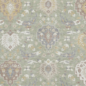 HomeRoots 8' X 10' Artichoke Green Gold & Gray Damask Area Rug - Washable, Stain-Resistant, UV Protected Elegance 680515