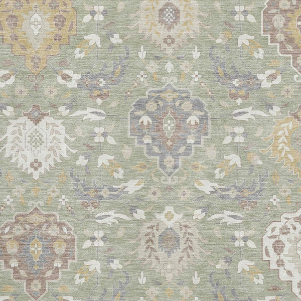HomeRoots 8' X 10' Artichoke Green Gold & Gray Damask Area Rug - Washable, Stain-Resistant, UV Protected Elegance 680515