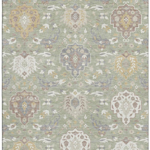 HomeRoots 8' X 10' Artichoke Green Gold & Gray Damask Area Rug - Washable, Stain-Resistant, UV Protected Elegance 680515