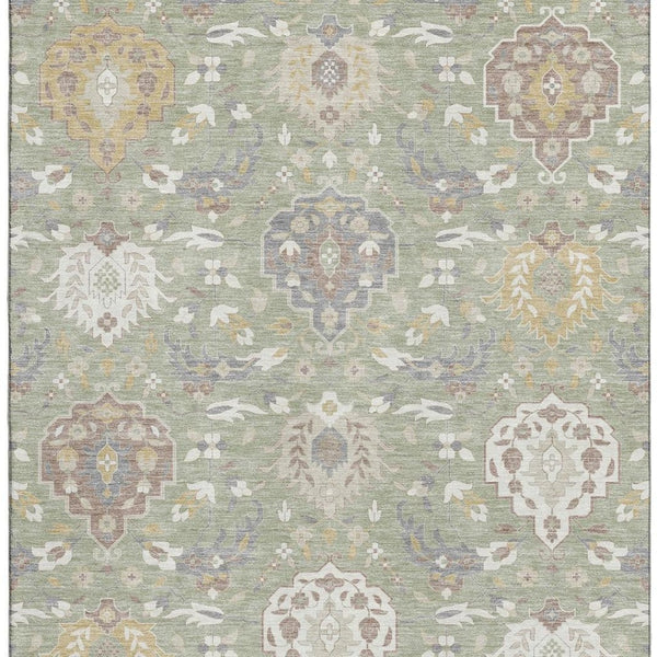 HomeRoots 8' X 10' Artichoke Green Gold & Gray Damask Area Rug - Washable, Stain-Resistant, UV Protected Elegance 680515