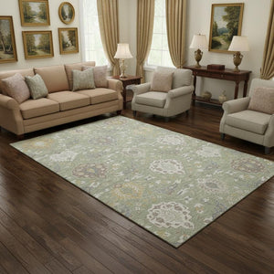 HomeRoots 9' X 12' Elegant Artichoke Green Gold Gray Damask Washable Area Rug with UV Protection & Durability 680516