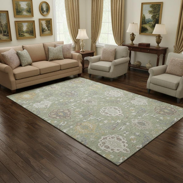HomeRoots 9' X 12' Elegant Artichoke Green Gold Gray Damask Washable Area Rug with UV Protection & Durability 680516