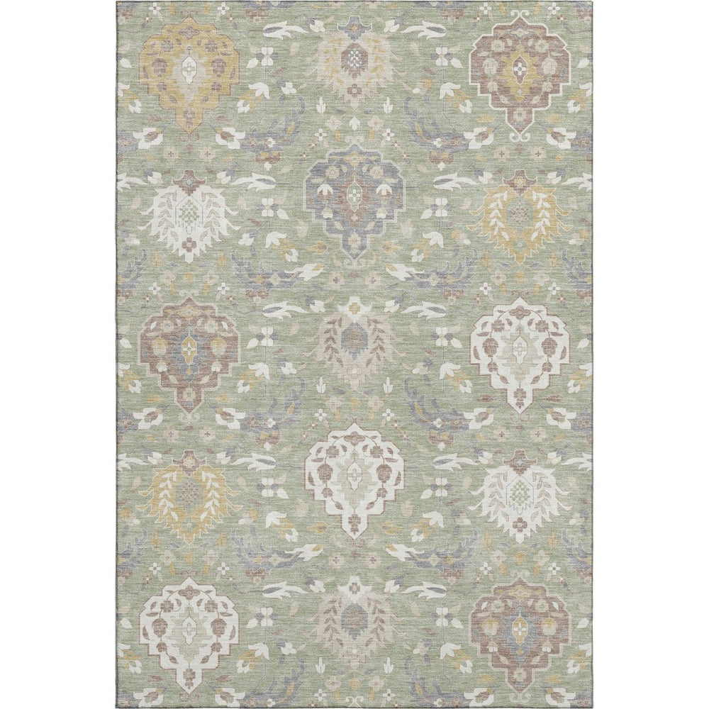 HomeRoots 9' X 12' Elegant Artichoke Green Gold Gray Damask Washable Area Rug with UV Protection & Durability 680516