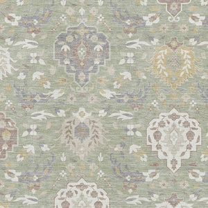 HomeRoots 9' X 12' Elegant Artichoke Green Gold Gray Damask Washable Area Rug with UV Protection & Durability 680516