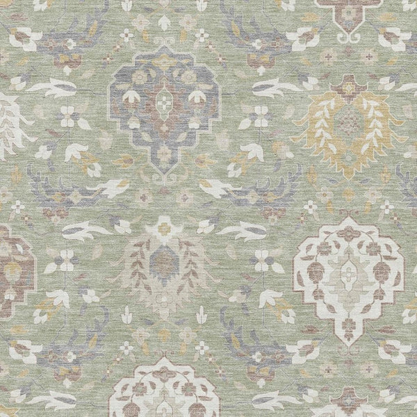 HomeRoots 9' X 12' Elegant Artichoke Green Gold Gray Damask Washable Area Rug with UV Protection & Durability 680516