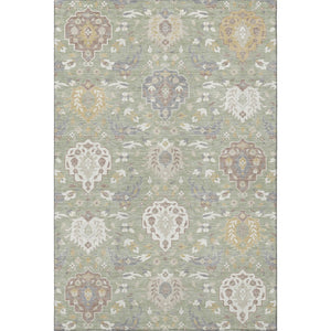 HomeRoots 9' X 12' Elegant Artichoke Green Gold Gray Damask Washable Area Rug with UV Protection & Durability 680516