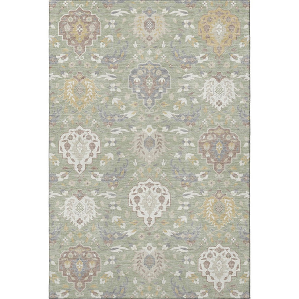 HomeRoots 9' X 12' Elegant Artichoke Green Gold Gray Damask Washable Area Rug with UV Protection & Durability 680516