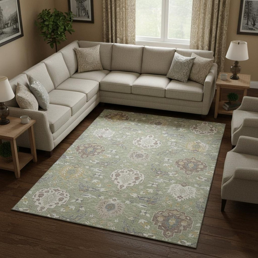 HomeRoots 10' Artichoke Green Gold Gray Damask Area Rug – Washable, UV Protected, Pet-Friendly & Elegant Design 680517