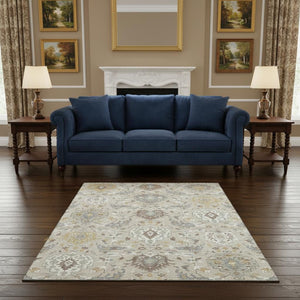 HomeRoots 5' X 8' Damask Area Rug in Beige, Gold & Gray - Washable, UV-Protected, Ideal for High-Traffic Spaces 680519