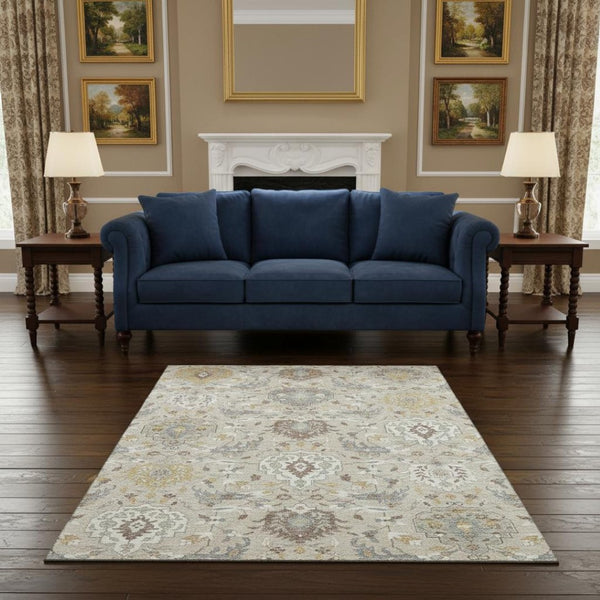 HomeRoots 5' X 8' Damask Area Rug in Beige, Gold & Gray - Washable, UV-Protected, Ideal for High-Traffic Spaces 680519