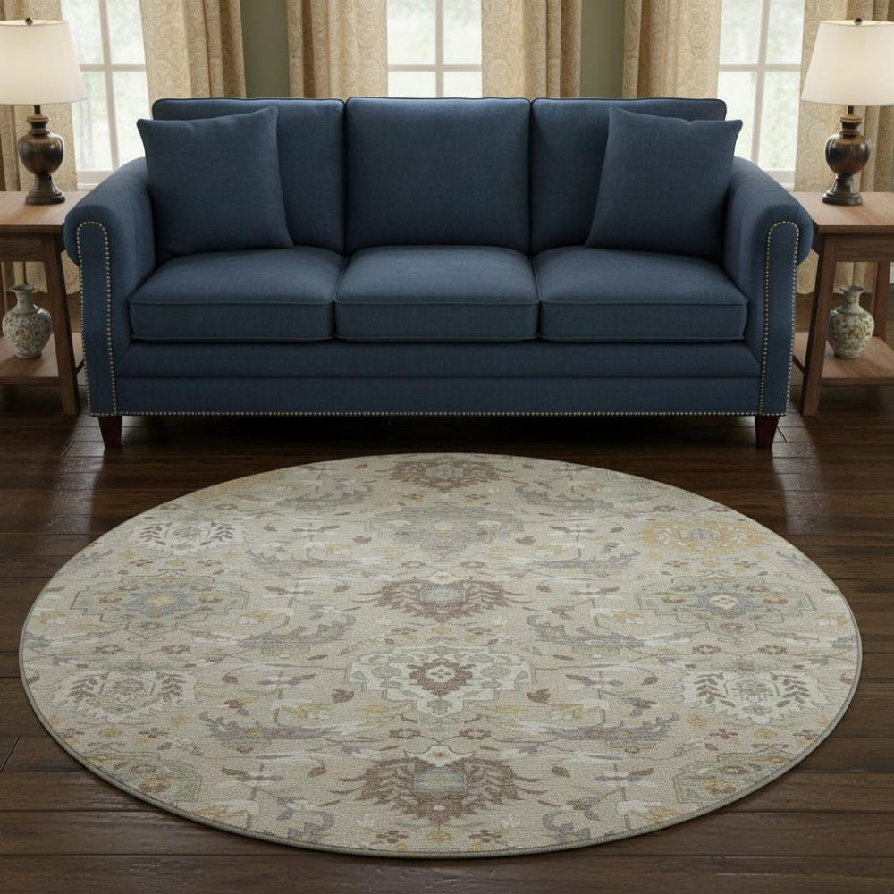 HomeRoots 8' Elegant Beige Gold Gray Damask Washable Round Rug - Durable, UV Protected, Perfect for Families 680520