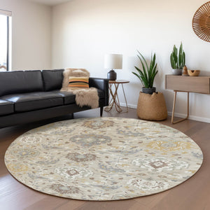 HomeRoots 8' Elegant Beige Gold Gray Damask Washable Round Rug - Durable, UV Protected, Perfect for Families 680520