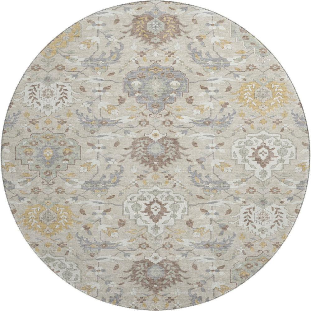 HomeRoots 8' Elegant Beige Gold Gray Damask Washable Round Rug - Durable, UV Protected, Perfect for Families 680520