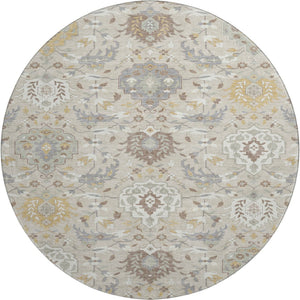 HomeRoots 8' Elegant Beige Gold Gray Damask Washable Round Rug - Durable, UV Protected, Perfect for Families 680520