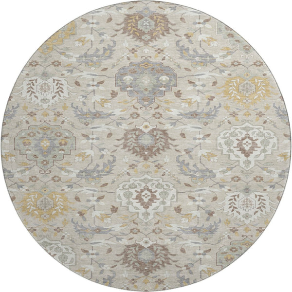 HomeRoots 8' Elegant Beige Gold Gray Damask Washable Round Rug - Durable, UV Protected, Perfect for Families 680520