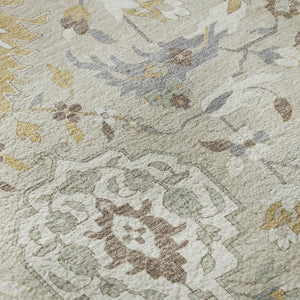 HomeRoots 8' Elegant Beige Gold Gray Damask Washable Round Rug - Durable, UV Protected, Perfect for Families 680520