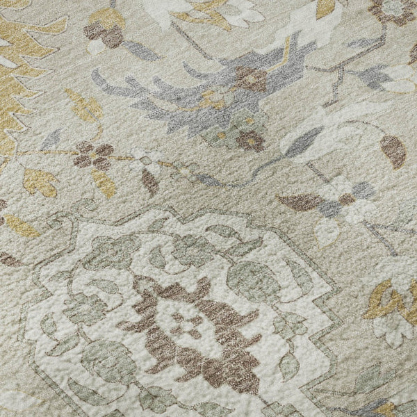 HomeRoots 8' Elegant Beige Gold Gray Damask Washable Round Rug - Durable, UV Protected, Perfect for Families 680520