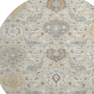 HomeRoots 8' Elegant Beige Gold Gray Damask Washable Round Rug - Durable, UV Protected, Perfect for Families 680520