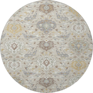 HomeRoots 8' Elegant Beige Gold Gray Damask Washable Round Rug - Durable, UV Protected, Perfect for Families 680520