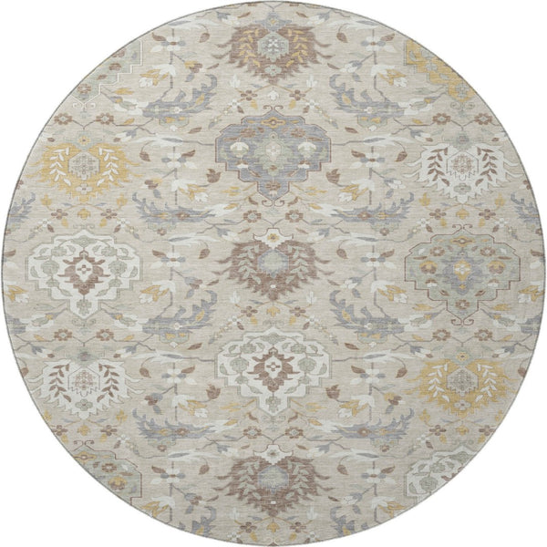 HomeRoots 8' Elegant Beige Gold Gray Damask Washable Round Rug - Durable, UV Protected, Perfect for Families 680520