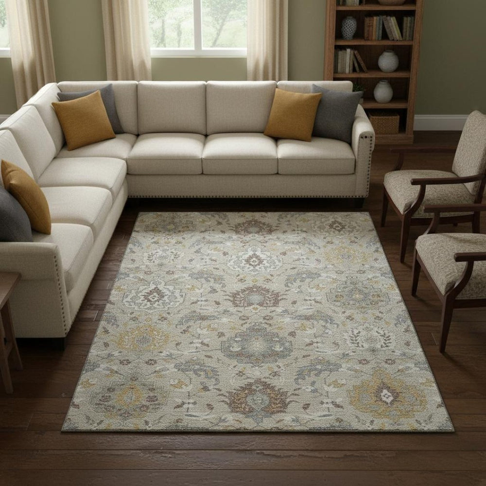 HomeRoots 8' X 10' Washable Beige Gold and Gray Damask Area Rug with UV Protection for Modern Homes 680521