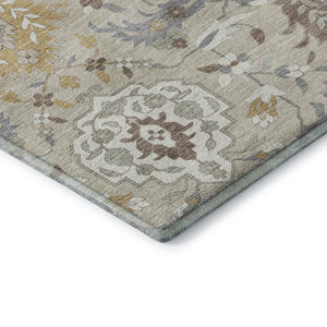 HomeRoots 8' X 10' Washable Beige Gold and Gray Damask Area Rug with UV Protection for Modern Homes 680521