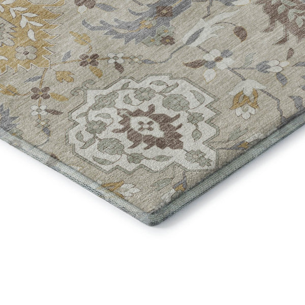 HomeRoots 8' X 10' Washable Beige Gold and Gray Damask Area Rug with UV Protection for Modern Homes 680521
