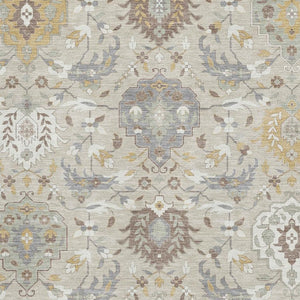 HomeRoots 8' X 10' Washable Beige Gold and Gray Damask Area Rug with UV Protection for Modern Homes 680521