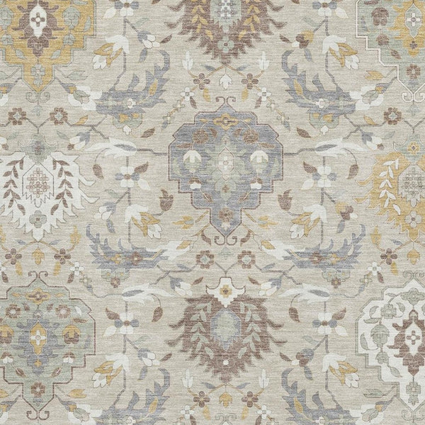 HomeRoots 8' X 10' Washable Beige Gold and Gray Damask Area Rug with UV Protection for Modern Homes 680521