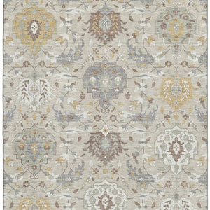 HomeRoots 8' X 10' Washable Beige Gold and Gray Damask Area Rug with UV Protection for Modern Homes 680521