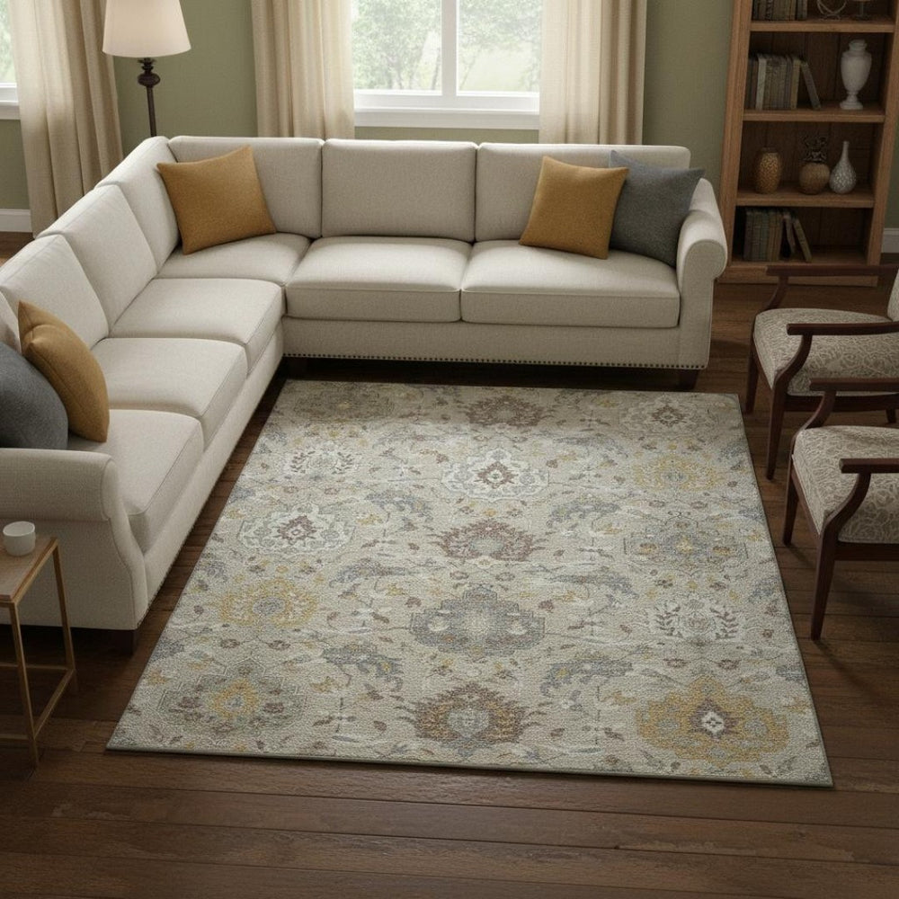 HomeRoots 9' X 12' Elegant Beige Gold and Gray Damask Area Rug - Washable, UV Protected, Kid & Pet Friendly! 680522