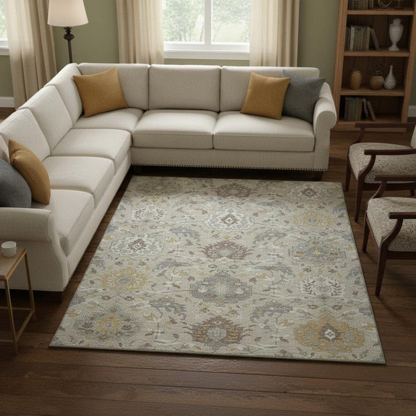 HomeRoots 9' X 12' Elegant Beige Gold and Gray Damask Area Rug - Washable, UV Protected, Kid & Pet Friendly! 680522