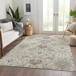 HomeRoots 9' X 12' Elegant Beige Gold and Gray Damask Area Rug - Washable, UV Protected, Kid & Pet Friendly! 680522