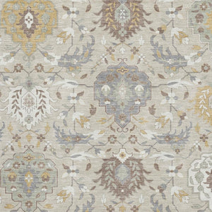 HomeRoots 9' X 12' Elegant Beige Gold and Gray Damask Area Rug - Washable, UV Protected, Kid & Pet Friendly! 680522