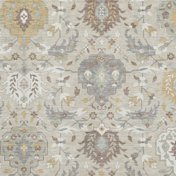 HomeRoots 9' X 12' Elegant Beige Gold and Gray Damask Area Rug - Washable, UV Protected, Kid & Pet Friendly! 680522