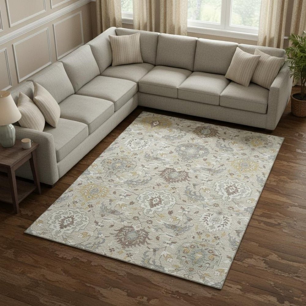 HomeRoots 10' X 14' Beige Gold Gray Damask Area Rug - Stylish, Washable, UV Protected, and Stain Resistant! 680523