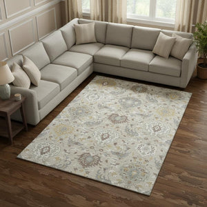 HomeRoots 10' X 14' Beige Gold Gray Damask Area Rug - Stylish, Washable, UV Protected, and Stain Resistant! 680523
