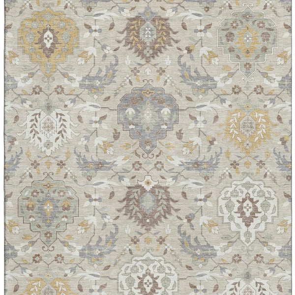 HomeRoots 10' X 14' Beige Gold Gray Damask Area Rug - Stylish, Washable, UV Protected, and Stain Resistant! 680523