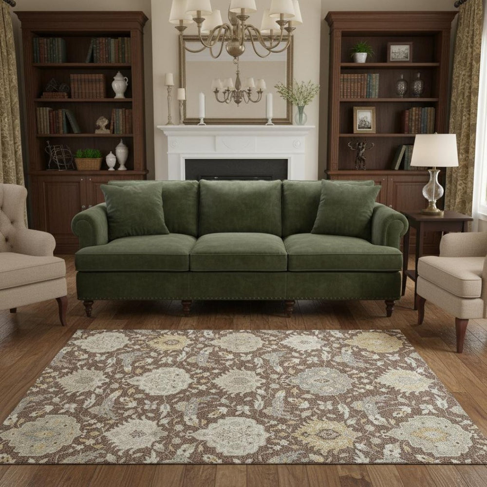 HomeRoots 5' X 8' Elegant Brown Ivory Gold Damask Area Rug - Washable, UV Protected, Stain Resistant Design 680525