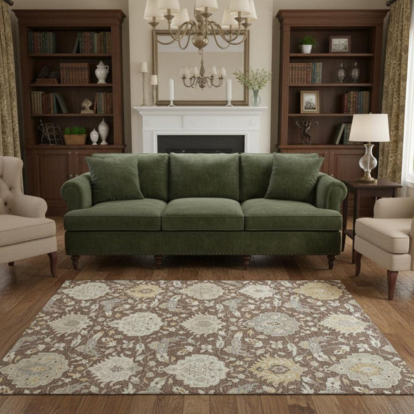HomeRoots 5' X 8' Elegant Brown Ivory Gold Damask Area Rug - Washable, UV Protected, Stain Resistant Design 680525