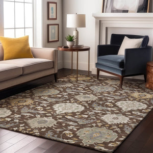 HomeRoots 5' X 8' Elegant Brown Ivory Gold Damask Area Rug - Washable, UV Protected, Stain Resistant Design 680525