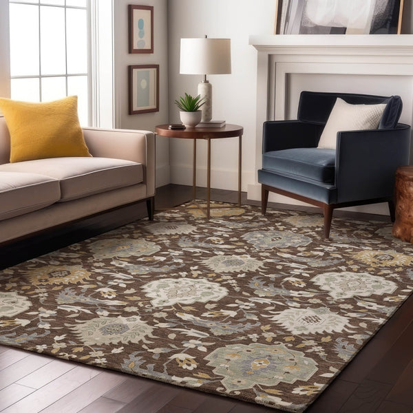 HomeRoots 5' X 8' Elegant Brown Ivory Gold Damask Area Rug - Washable, UV Protected, Stain Resistant Design 680525