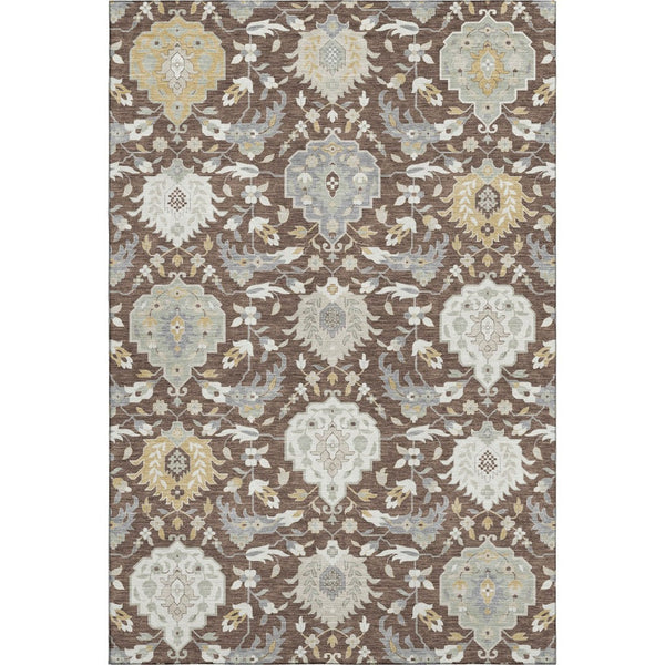 HomeRoots 5' X 8' Elegant Brown Ivory Gold Damask Area Rug - Washable, UV Protected, Stain Resistant Design 680525