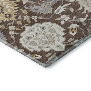 HomeRoots 5' X 8' Elegant Brown Ivory Gold Damask Area Rug - Washable, UV Protected, Stain Resistant Design 680525