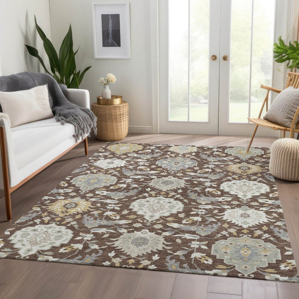 HomeRoots 5' X 8' Elegant Brown Ivory Gold Damask Area Rug - Washable, UV Protected, Stain Resistant Design 680525