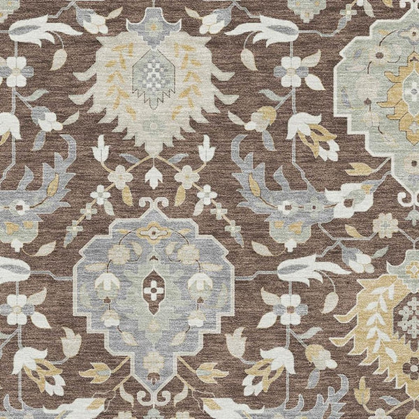 HomeRoots 5' X 8' Elegant Brown Ivory Gold Damask Area Rug - Washable, UV Protected, Stain Resistant Design 680525