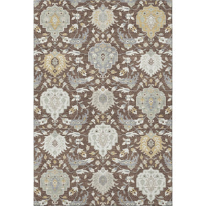 HomeRoots 5' X 8' Elegant Brown Ivory Gold Damask Area Rug - Washable, UV Protected, Stain Resistant Design 680525