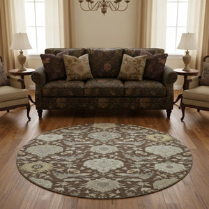 HomeRoots 8' Elegant Brown Ivory Gold Damask Round Rug - Washable, UV Protected, Durable for Busy Homes 680526
